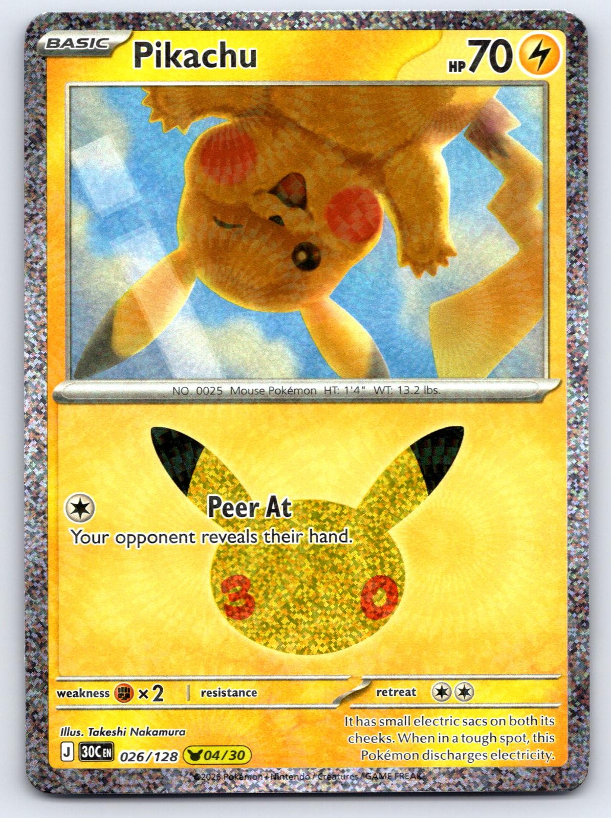 Pikachu 026/128 Holo Pikachu Rare ME: 30th Celebration Pokemon Near Mint