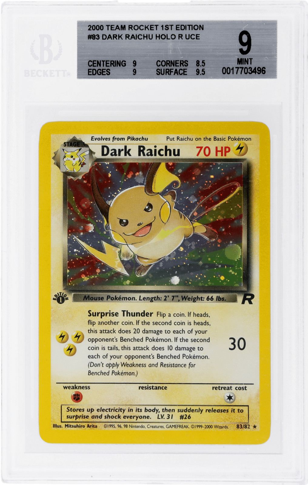 2000 Pokemon Team Rocket Dark Raichu 1st Edition Holo #83 BGS 9
