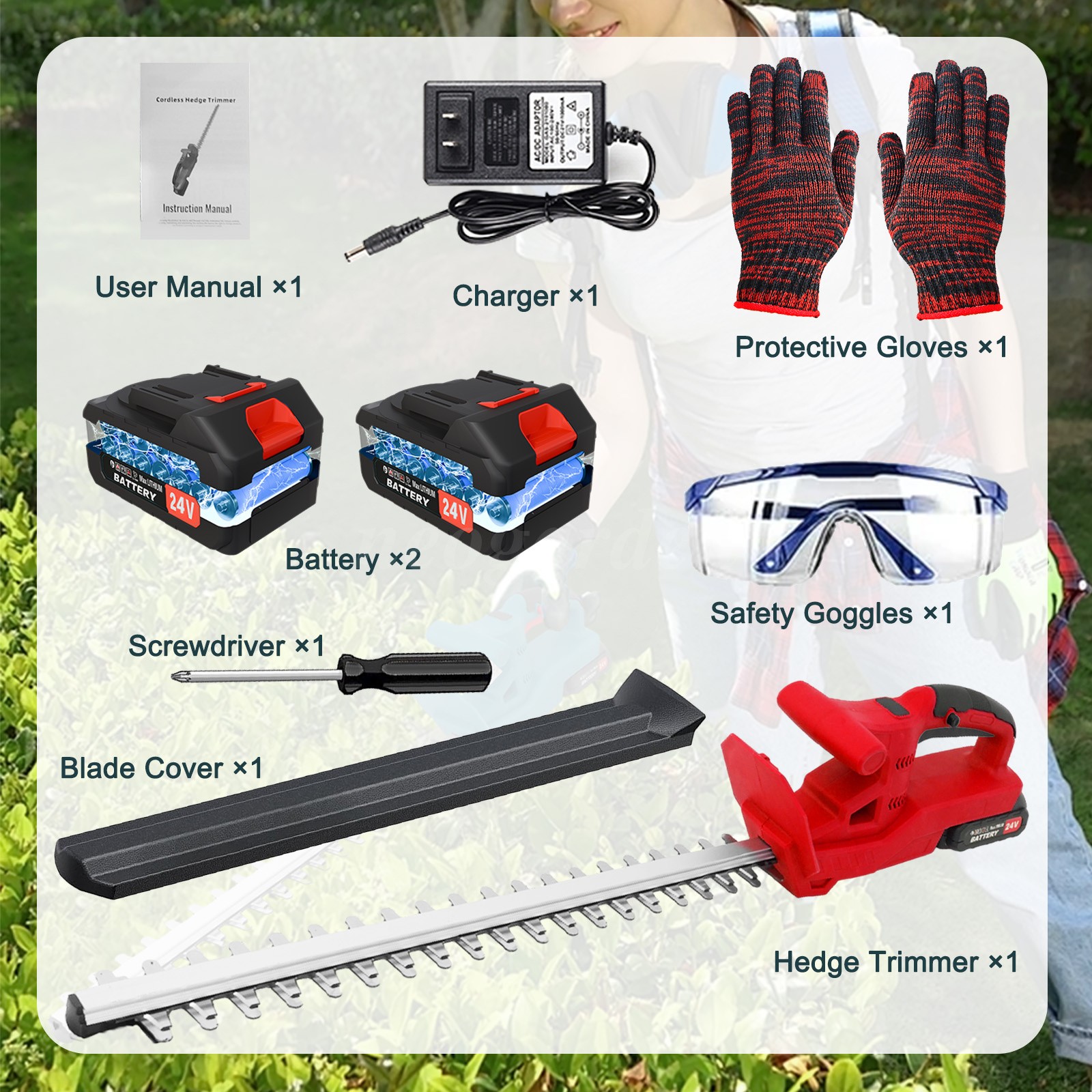 1000W Cordless Hedge Trimmer 24V Battery Electric Hedge Trimmer +2 Batteries NEW