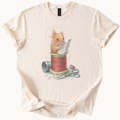 Mouse Reading Newspaper on Thread Spool Cute Sewing Theme Graphic Shirt