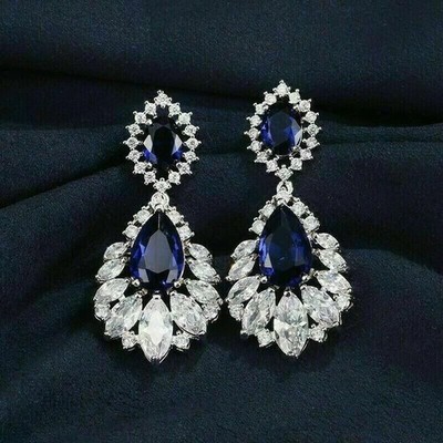 8.00Ct Oval & Pear Cut Natural Sapphire Diamond 14K White gold Luxurious Earring