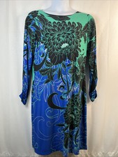 Madison Women’s XL Blue Green Black Floral Ruched Sleeve Artsy Art To Wear