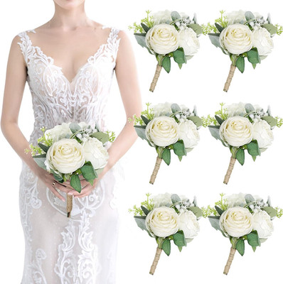 Bridesmaid Bouquets Set of 6 - Ivory White Artificial Flowers Bouquet for Brides