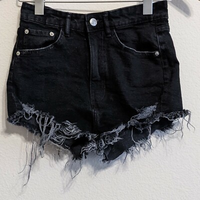 Zara Black Frayed Hem High Rise Denim Shorts Size EUC
