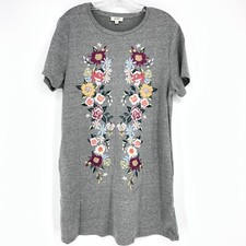 Umgee Tee Shirt Embroidered Floral Dress Gray With Pockets Size Medium Colorful