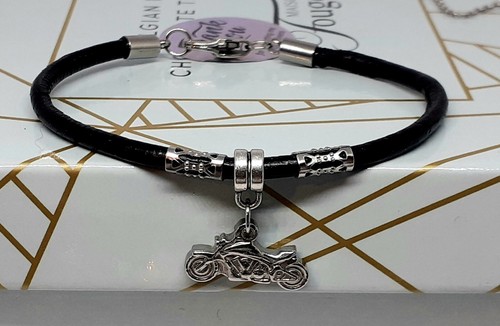 Motorbike Motorcycle Charm Bracelet Black Leather stainless Steel Friendship - Picture 2 of 3