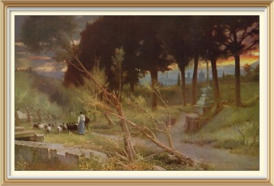Original 1929 alte Leinwand ALBERT GOODWIN Kunstdruck Landschaft FLORENZ ABEND