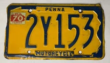 Pennsylvania Motorcycle License Plate - 1960’s, 70 Tag, ‘PENNA’ 2Y153 Fair Cond.