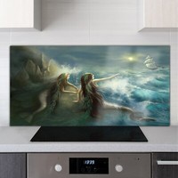 Glass Kitchen Cooker Splashback 140x70 Painting Mermaids Ocean Ship Storm