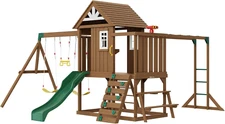 Wooden Swing Set, 10 in 1 Playground Sets for Backyards, 2 Swings, 6FT Slide, Tr
