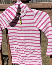 Lands End Girls Full Zip Pink Hoodie Sz 4 Striped Heart Pockets Hearts Stripes