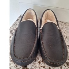 UGG Ascot Leather Casual Foam Footbed Wool Blend Slippers 7EEE Brown Slip On