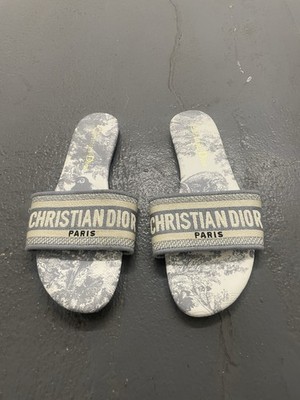 Christian Dior Gray Toile De Jouy Embroidered Cotton Dway Slides/ Size 8.5
