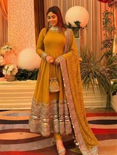 Heavy Designer Roman Yellow Silk Gown Bottom With Dupatta For Functional Wear