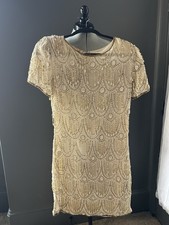 Vintage 80s Ivory Gold Hand Beaded Silk Lined Cocktail Dress Art Deco Size 4