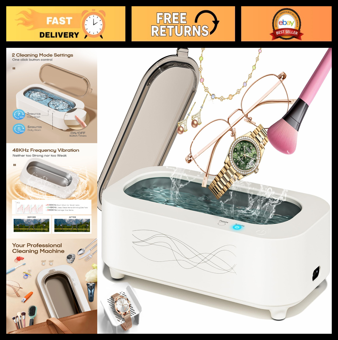 Ultrasonic Jewelry Cleaner 48KHz - 350ML Stainless Steel Tank, 2 Modes, Deep Cle