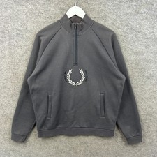 Fred Perry Jumper Mens Medium Grey 1/4 Zip Pullover Laurel Wreath Centre Logo