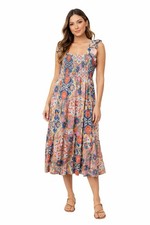 Vince Camuto Floral Midi Dress (Large) Smocked Bodice Ruffle Strap Boho Lined