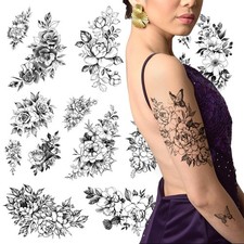 Half Arm Black Floral Temporary Tattoos for Adults - Long Lasting Realistic T...