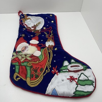 Darling Retro 80s Christmas Stocking Santa W Fuzzy Beard Applique on Velvet 21''