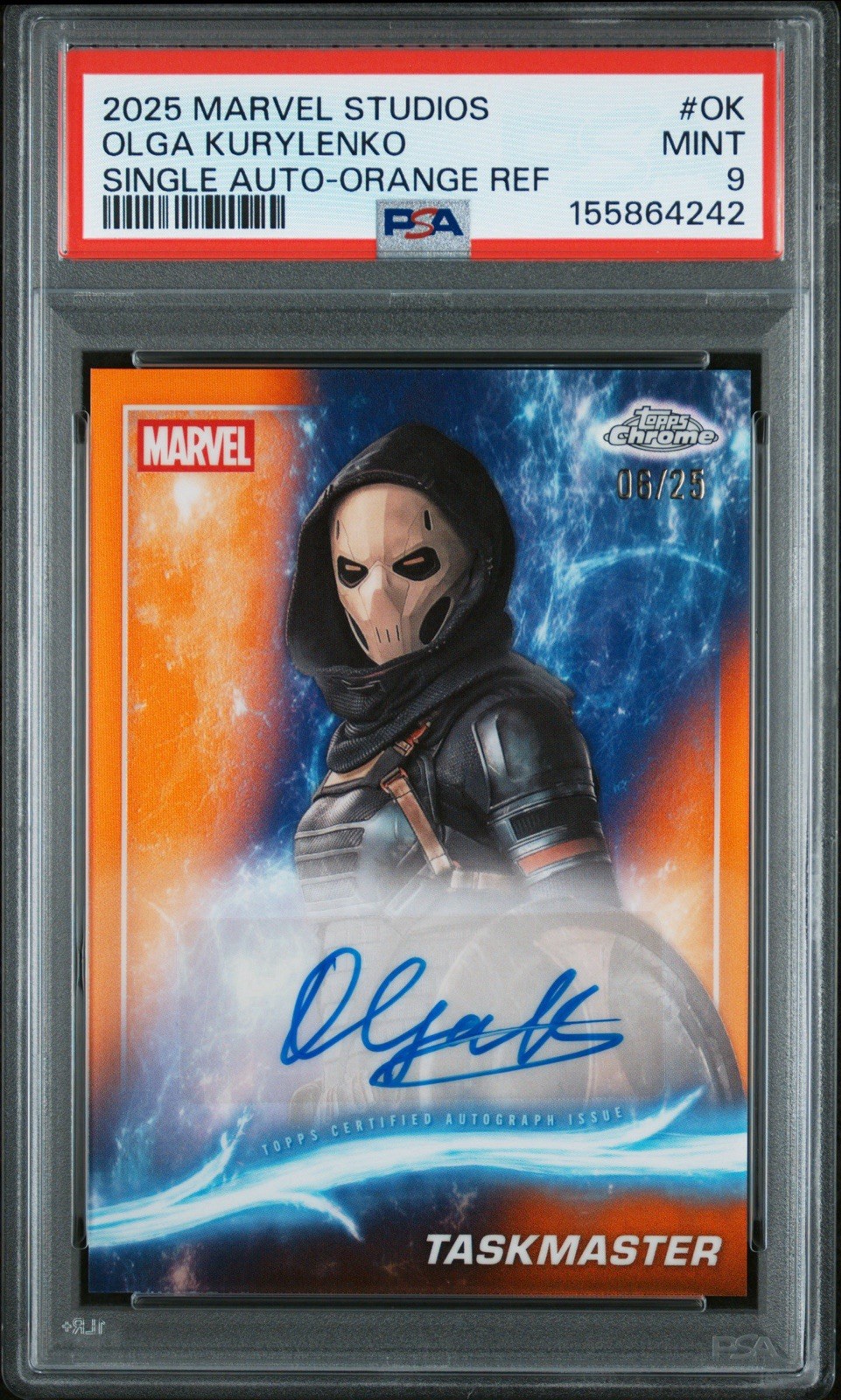 2025 Topps Chrome Marvel Studios Olga Kurylenko Taskmaster Orange Auto /25 PSA 9