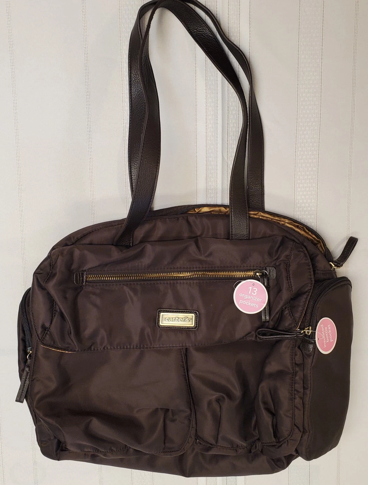 Carter’s Brown Diaper Bag Tote & Changing Pad, Gold Interior, 13 pockets