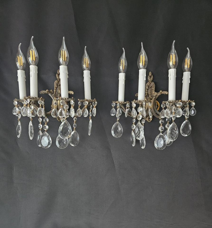 Vintage Antique Pair Brass Crystal 4 Light Sconces Wall Lights Wall Lamps - Image 3 of 4