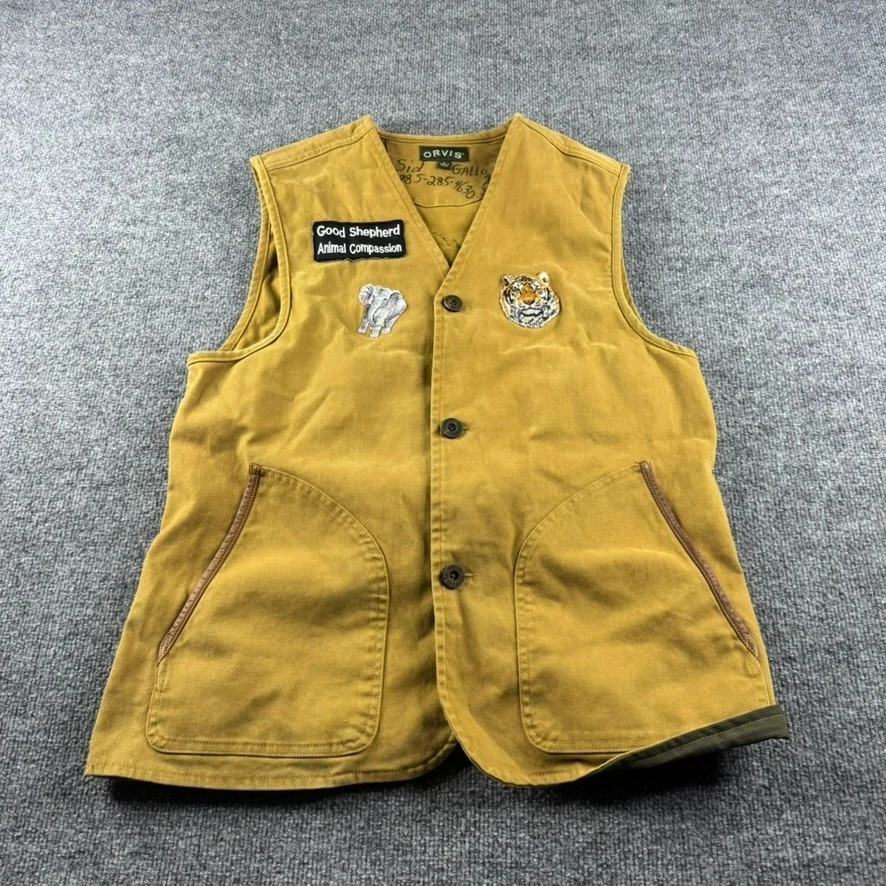 Orvis Vest Mens M Beige Button Front Safari Fishing Hunting Utility Patches