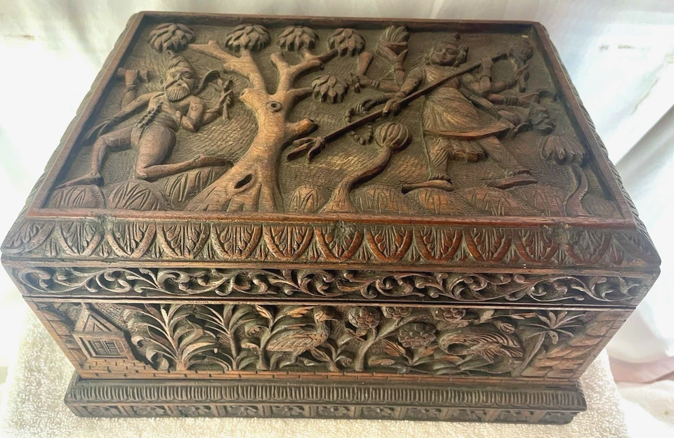 ANTIGUA CAJA TIBETANA ASIÁTICA TALLADA A MANO PALO DE ROSA ALMACENAMIENTO JOYERÍA DOCUMENTO RECUERDO Foto 3 de 4