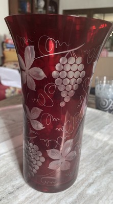 Vintage Egermann Czech Ruby Red Cut to Clear Floral Grapes 8'' Vase Hard To Find