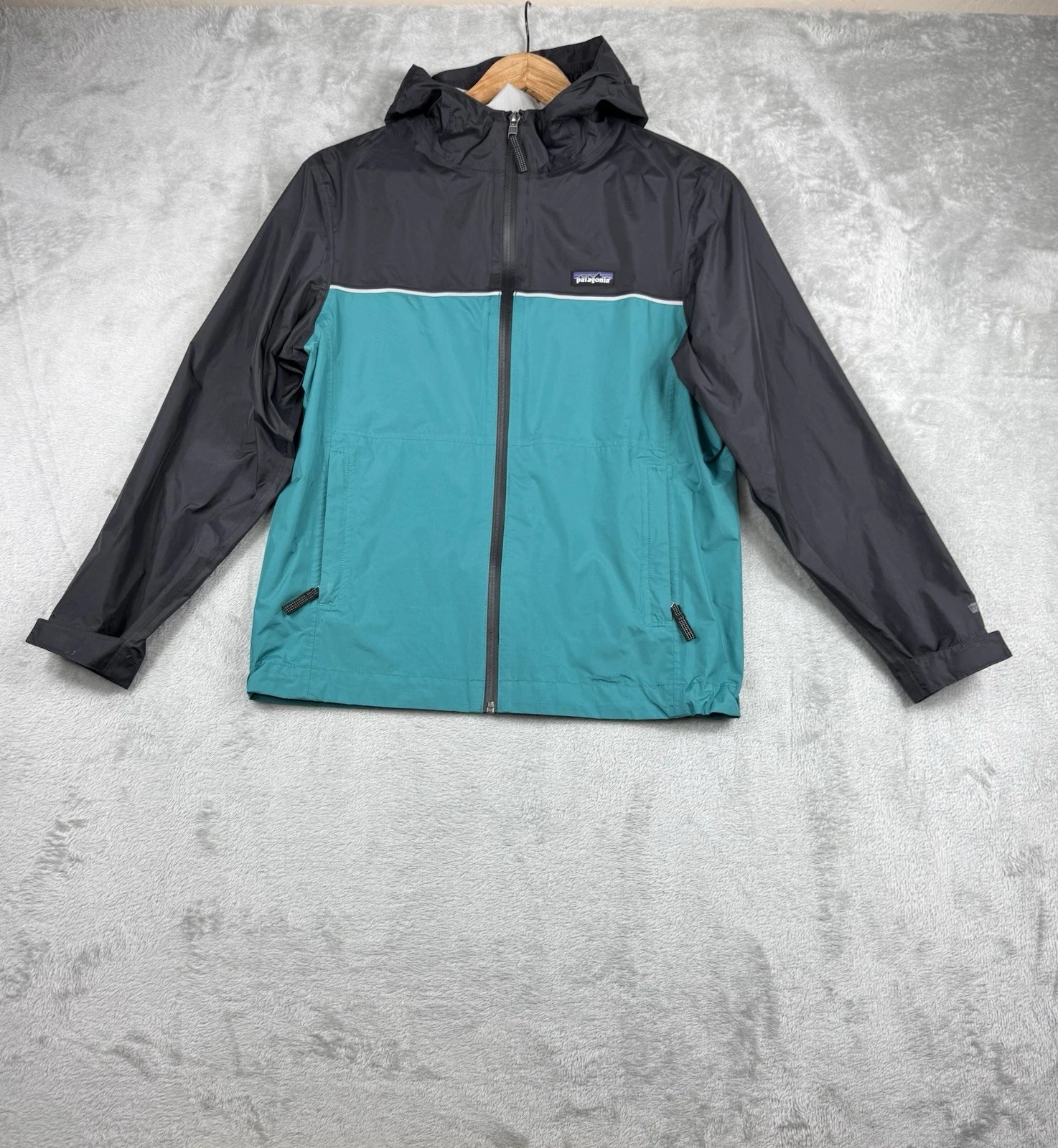 Patagonia Kids Windbreaker Jacket XL 14 Hooded Colorblock Teal Black Gray