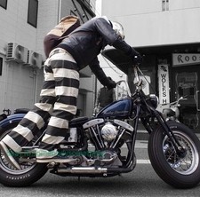 BOB DONG Retro Prisoner Striped Motorcycle Pants Men Casual Biker Trousers Thick