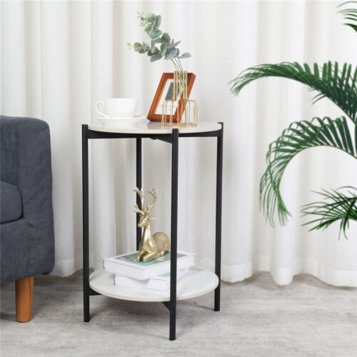 Classic Round Polished Side Table Small Coffee Table End Table w/ 2 Tier Storage - Picture 2 of 12