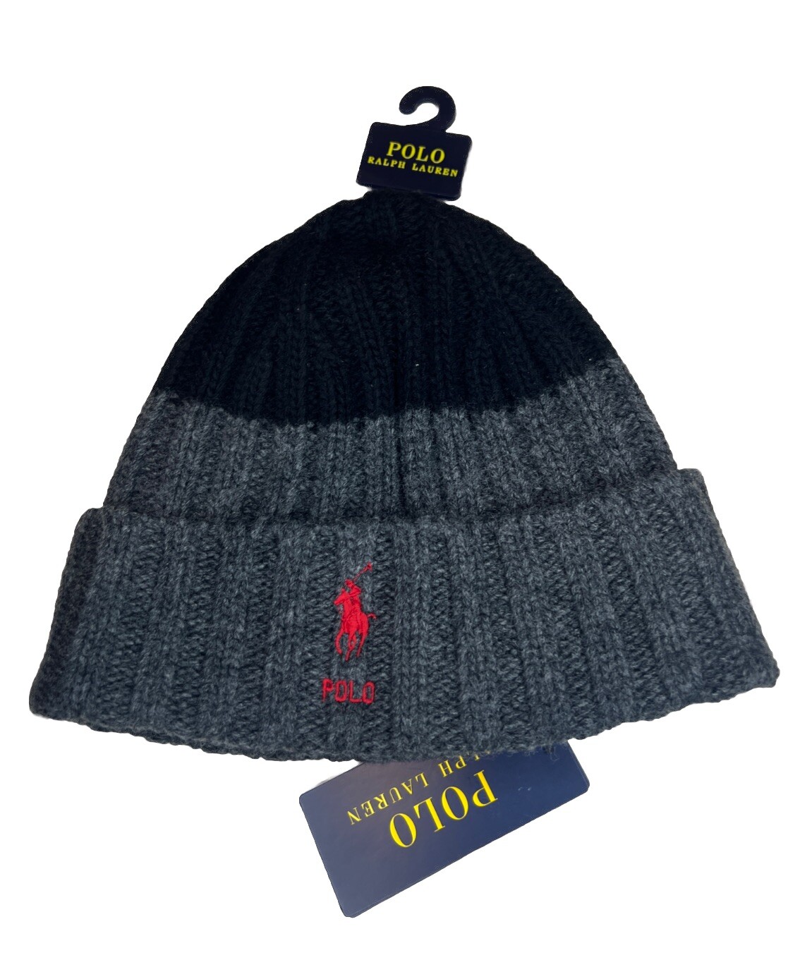 Polo Ralph Lauren uomo O S berretto maglia grigio nero berretto ricamato pony nuovo con etichetta