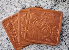Leather Coasters with Mountain Bike Design, Full Grain, 10 oz, Set of 4 coasters
