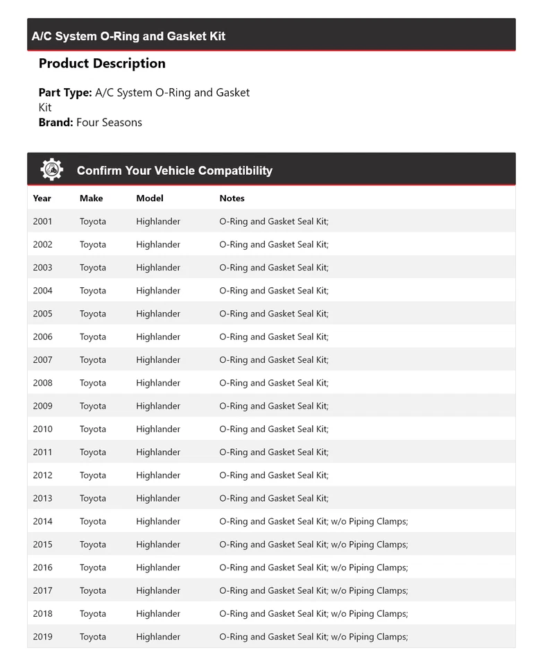 Para 2001-2019 Toyota Highlander A/C System O-Ring and Gasket Kit 4 Seasons 2002 Foto 2 de 4