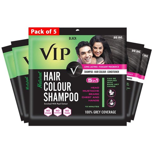 Pack of 5 VIP Hair Colour Shampoo 20ml Black for Men, Women Hair Dye Beard Color