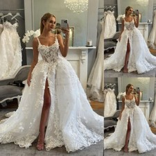 Bohemian Side Split Wedding Dresses with Straps Lace Appliques Bridal Gowns