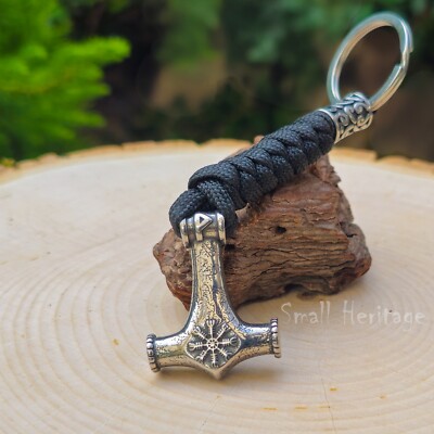 Viking Mjolnir Keychain Stainless Steel Helm of Awe Car Ring Paracord  Pendant