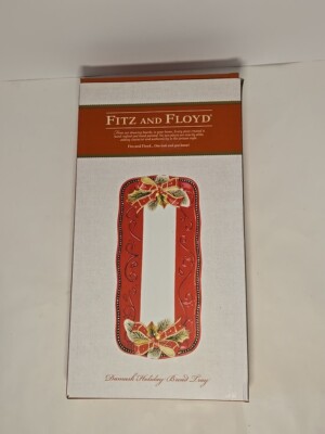 Fitz & Floyd Bread Treat Tray Damask Christmas Holiday Red Green New Open Box