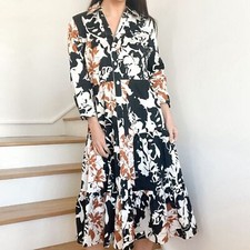 Soft Surroundings Moonglow Black White Tan Cotton Button Front Tea Midi Dress 4