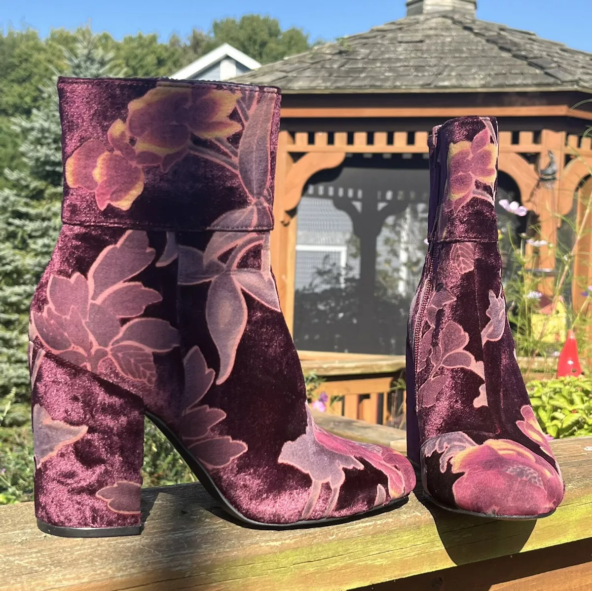 Steve Madden Elissa Grand Burgundy Velvet Floral Ankle Boots