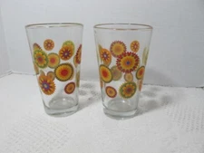 MCM Libby Water Glasses w Hippie Boho Graphics Orange Red Yellow Flowers