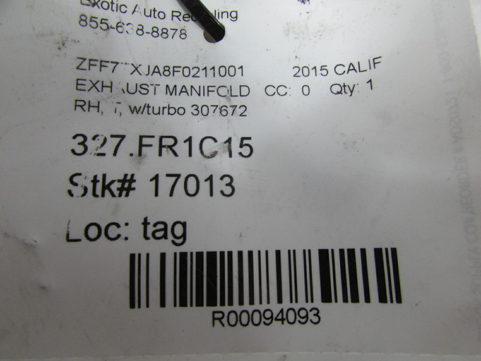 Ferrari California T, RH, Right Exhaust Manifold and Turbo, Used, P/N 317017