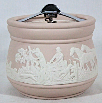 COMOYS OF LONDON JASPERWARE PINK WITH HUNTING SCENE TOBACCO HUMIDOR JAR 5