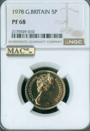 1978 GREAT BRITAIN 5 PENCE NGC PF68  MAC 2nd FINEST GRADE & SPOTLESS .