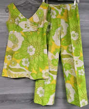 WOMENS VINTAGE 2 PIECE PANT  TOP SET ALEX COLMAN MOD FLORAL 60s 70s SMALL