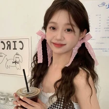 Elegant Pink Lace Hair Bows Clips, 2-Piece Lace Long Tail Clips