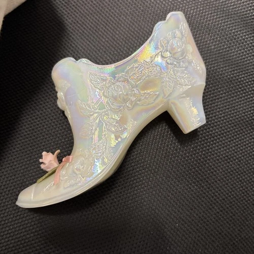 Vintage Collectible Fenton Iridescent White Cabbage Rose Art Glass Slipper