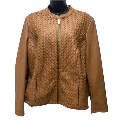 Colleen Lopez Faux Leather Jacket L Brown Basket Weave Woven Moto Biker Boho **